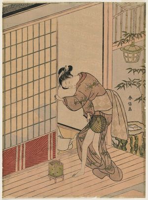 Suzuki Harunobu: Man behind a Sliding Door Pulling the Kimono of a Woman on the Veranda - Museum of Fine Arts