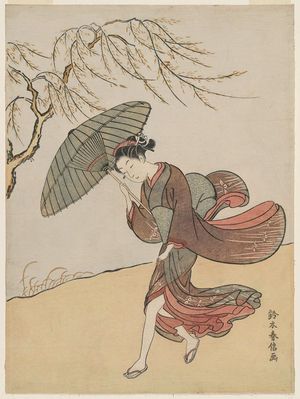 鈴木春信: Young Woman Carrying an Umbrella in a Gust of Wind - ボストン美術館