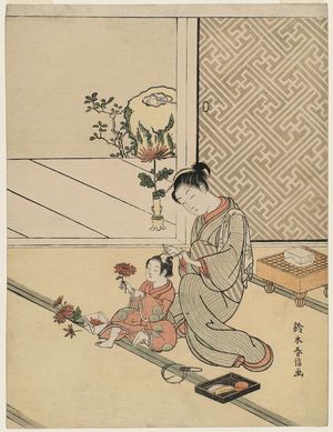 Suzuki Harunobu: Mother Tying Her Young Son's Hair as He Plays with Chrysanthemums - Museum of Fine Arts