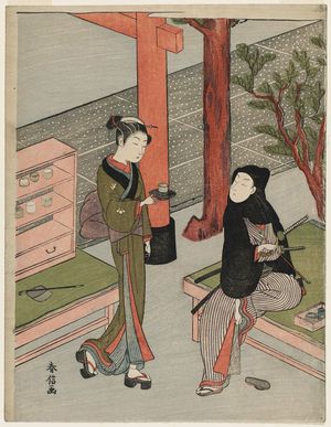 Suzuki Harunobu: Osen of the Kagiya and a Young Samurai in a Black Hood - Museum of Fine Arts