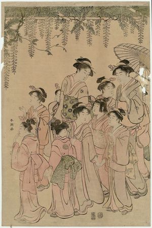 Katsukawa Shuncho: Procession of Students Offering a Votive Tablet to a Shrine under a Wisteria Trellis - Museum of Fine Arts