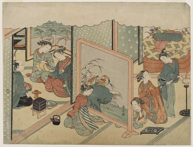 鈴木春信: The Cup of Sake before Bed (Toko-sakazuki), sheet 6 of the series Marriage in Brocade Prints, the Carriage of the Virtuous Woman (Konrei nishiki misao-guruma), known as the Marriage series - ボストン美術館