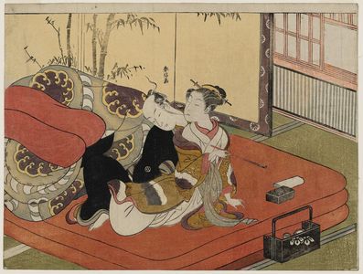 Suzuki Harunobu: Courtesan Blowing Smoke in Man's Face - Museum of Fine Arts