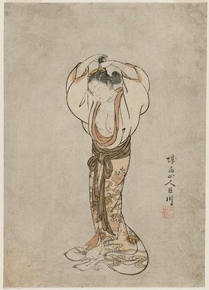 Okubo Kyosen (Kikurensha Kyosen)による浮世絵「Woman Arranging Her Hair」