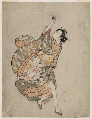 石川豊信: Young Woman with Her Clothing Blown by the Wind - ボストン美術館