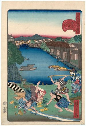 Japanischer Druck "No. 24, Sukiya-gashi Embankment (Sukiya-gashi), from the series Comical Views of Famous Places in Edo (Edo meisho dôke zukushi)" von Utagawa Hirokage, 歌川広景 (Utagawa Hirokage)