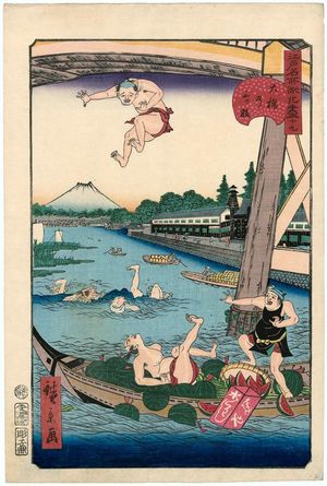 Utagawa Hirokage: No. 19, Mitsumata at the Great Bridge (Ôhashi no Mitsumata), from the series Comical Views of Famous Places in Edo (Edo meisho dôke zukushi) - Museum of Fine Arts