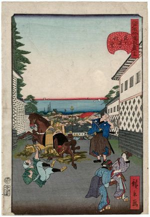 歌川広景: No. 15, Distant View at Kasumigaseki (Kasumigaseki no chôbô), from the series Comical Views of Famous Places in Edo (Edo meisho dôke zukushi) - ボストン美術館