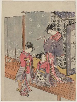 磯田湖龍齋: Courtesan and Kamuro Playing with a Dog on a Veranda - ボストン美術館