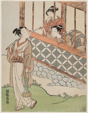 Isoda Koryusai: Young Man with Fishing Pole and Two Girls at a Window - Museum of Fine Arts