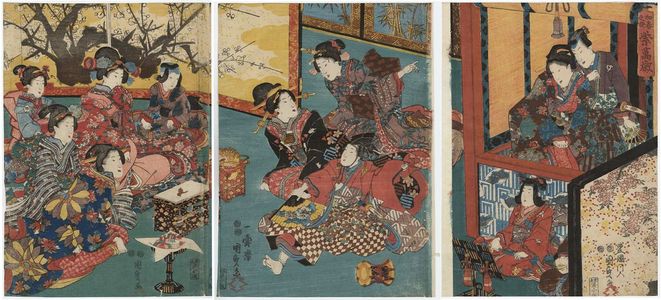 二代歌川国貞: New Year Amusements: A Manzai Dance for Murasaki (Hatsuharu no asobi Murasaki manzai) - ボストン美術館