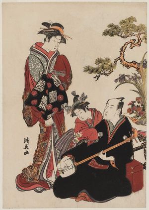 鳥居清長: Actor Onoe Matsusuke Playing the Shamisen, with a Courtesan and a Kamuro - ボストン美術館