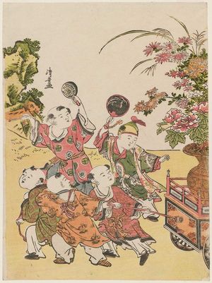 鳥居清長: Chinese Boys Pulling a Flower Float, from an untitled series of Chinese Children (Karako) - ボストン美術館