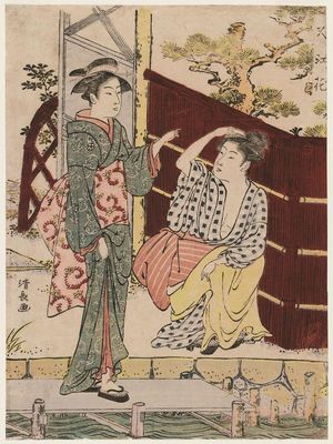 鳥居清長: Two Women at a Boat Landing, from the series Flowers of Nakasu (Nakasu no hana) - ボストン美術館