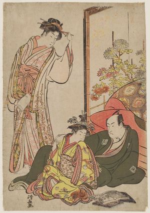 鳥居清長: Actor Ichikawa Monnosuke II with a Courtesan and a Kamuro - ボストン美術館