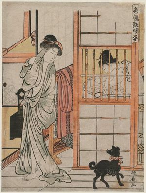 Torii Kiyonaga: A Woman Emerging from the Bath and a Black Dog, from the series Comparison of the Charms of Alluring Women (Irokurabe enpu sugata) - Museum of Fine Arts