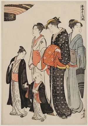 鳥居清長: Members of the Tomimoto Family Visiting a Temple, from the series Musical Pastimes (Ongyoku tegoto no asobi) - ボストン美術館