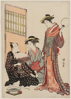 鳥居清長: Actor Ichikawa Yaozo III with a Courtesan and a Geisha - ボストン美術館
