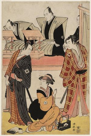 Torii Kiyonaga: Actors Ichikawa Monnosuke II as Shirafuji Genta, Iwai Hanshirô IV as Oshun, and Ichikawa Yaozô III as Denbei, with chanters Tomimoto Buzendayû and Tomimoto Itsukidayû, and accompanist Namizaki Tokuji - Museum of Fine Arts