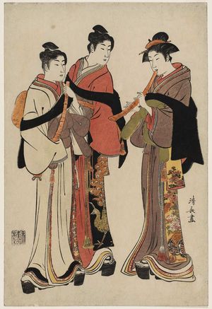 Torii Kiyonaga: Two Young Men and a Woman Dressed as Komusô - Museum of Fine Arts