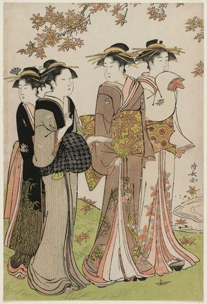 鳥居清長: Women under Maple Leaves, from the series Contest of Contemporary Beauties of the Pleasure Quarters (Tôsei yûri bijin awase) - ボストン美術館