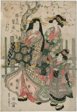 Utagawa Toyohisa I: Sugawara of the Tsuruya, kamuro Fumiji and Kashiko - ボストン美術館