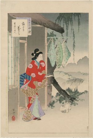 Mizuno Toshikata: Teahouse with Rainhats: Woman of the Kan'ei Era [1624-44] (Amigasa chaya, Kan'ei koro fujin), from the series Thirty-six Elegant Selections (Sanjûroku kasen) - Museum of Fine Arts