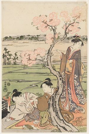 Torii Kiyonaga: Cherry Trees on the Banks of the Sumida River, a Pentaptych (Sumidagawa sakura no kei, gomai tsuzuki) - Museum of Fine Arts