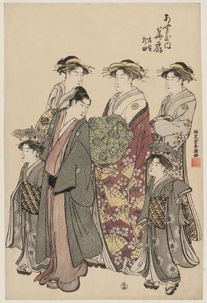 勝川春潮: Hanaôgi of the Ôgiya, kamuro Yoshino and Tatsuta - ボストン美術館