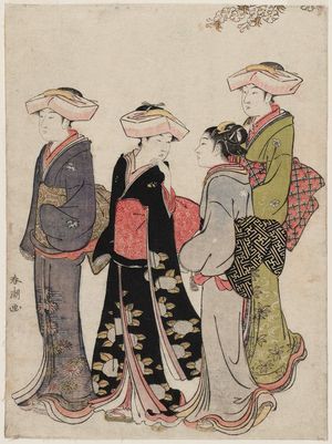 勝川春潮: Three Women and a Maid Under a Cherry Tree - ボストン美術館