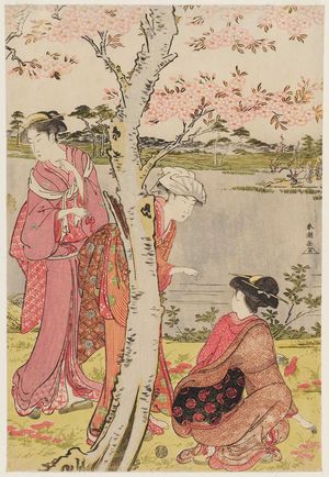 Katsukawa Shuncho: Gathering Spring Flowers by the Pond of the Twelve Kumano Shrines at Tsunohazu - Museum of Fine Arts