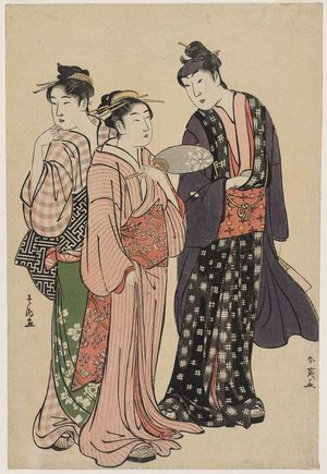 勝川春潮: Actor Iwai Hanshirô IV (by Shun'ei) and Two Women (by Shunchô) - ボストン美術館