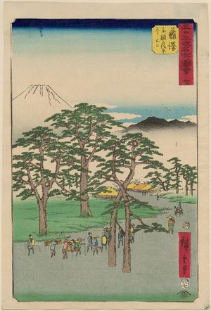 Utagawa Hiroshige: No. 7, Fujisawa: Fuji on the Left at Nanki no Matsubara (Fujisawa, Nanki no Matsubara hidari no Fuji), from the series Famous Sights of the Fifty-three Stations (Gojûsan tsugi meisho zue), also known as the Vertical Tôkaidô - Museum of Fine Arts