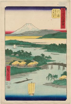 Utagawa Hiroshige: No. 3, Kawasaki: Tsurumi River and Namamugi Village (Kawasaki, Tsurumigawa Namamugi no sato), from the series Famous Sights of the Fifty-three Stations (Gojûsan tsugi meisho zue), also known as the Vertical Tôkaidô - Museum of Fine Arts