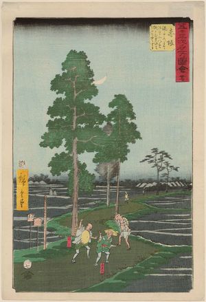 Utagawa Hiroshige: No. 37, Akasaka: On the Nawate Road, Yajirôbei Takes Kitahachi for a Fox and Beats Him (Akasaka, Nawatemichi ni te Yajirôbei Kitahachi o kitsune to omohite chôchaku suru), from Famous Sights of the 53 Stations (Gojûsan tsugi meisho zue) (Vertical Tôkaidô) - Museum of Fine Arts