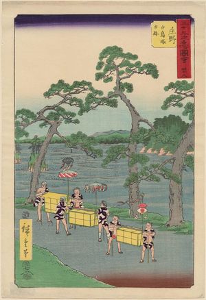 Utagawa Hiroshige: No. 46, Shôno: Ancient Remains at Shiratori Mound (Shôno, Shiratorizuka koseki), from the series Famous Sights of the Fifty-three Stations (Gojûsan tsugi meisho zue), also known as the Vertical Tôkaidô - Museum of Fine Arts