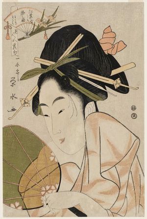 一楽亭栄水: Somenosuke of the Matsubaya, kamuro Wakagi and Wakaba, from the series Beauties for the Five Festivals (Bijin gosekku) - ボストン美術館