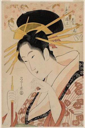 Hosoda Eishi: Hashidate of the Ôgiya, representing Bridge Cherry (Ôgiya Hashidate, mitate hashizakura), from a series of courtesans compared to varieties of cherry - Museum of Fine Arts