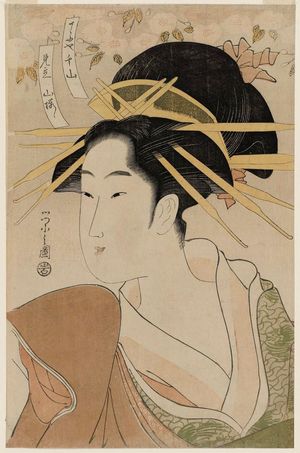 Hosoda Eishi: Senzan of the Chôjiya, representing Mountain Cherry (Chôjiya Senzan, mitate yamazakura), from a series of courtesans compared to varieties of cherry - Museum of Fine Arts