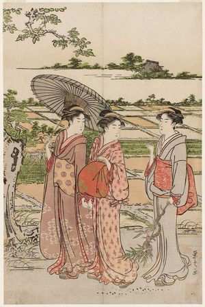 細田栄之: Three Women Returning From a Visit To a Temple - ボストン美術館