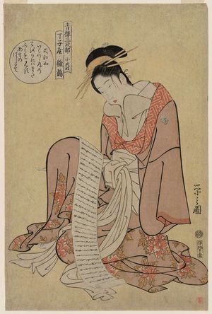 細田栄之: Hinazuru of the Chôjiya as Koshikibu, from the series Three Shikibu in the Yoshiwara (Seirô sanshikibu) - ボストン美術館