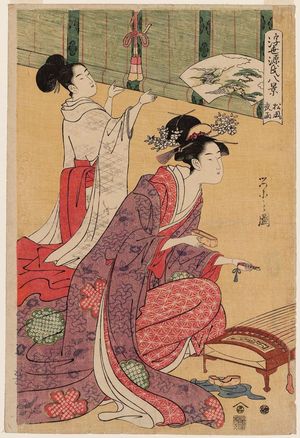 細田栄之: Night Rain of Matsukaze (Matsukaze yau), from the series Eight VIews of Genji in the Floating World (Ukiyo Genji hakkei) - ボストン美術館