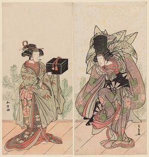 Katsukawa Shunsho: Actors Nakamura Tomijûrô as Sanbasô (R) and Yoshizawa Ayame as Senzai (L) - Museum of Fine Arts