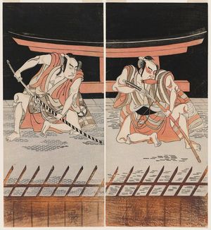 勝川春章: Actors Nakamura Sukegorô II (R) and Ôtani Hiroji III (L) - ボストン美術館