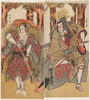 勝川春章: Actors Nakamura Nakazô I as Hakamadare Yasusuke or Watanabe no Tsuna (?)(L) and Ichikawa Danjûrô V (R) - ボストン美術館