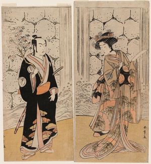 勝川春章: Actors Sawamura Sôjûrô III as Sonobe Zaemon (L) - ボストン美術館