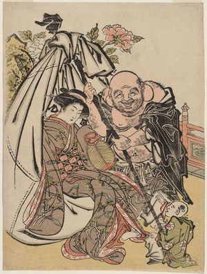 Katsukawa Shunsho: Hotei with a Woman in his Bag - Museum of Fine Arts