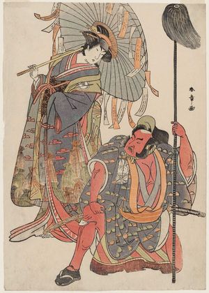 勝川春章: Actors Ichimura Uzaemon IX as Hata no Daizen Taketora disguised as the yakko Matahei (R), and Iwai Hanshirô IV as Umegae disguised as the poem-diviner Omatsu (L) - ボストン美術館