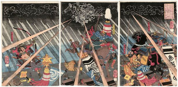 Utagawa Kuniyoshi: Jô Shirô Nagamochi of Echigo Privince, About to Go to War for the Taira, Sees an Apparition in the Sky (Echigo no kuni no jûnin Jô Shirô Nagamochi Heike no saisoku ni shitagai shutsujin nasu ori kara kûchû ni kaii o miru zu) - Museum of Fine Arts