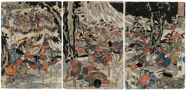 Utagawa Kuniyoshi: The Soga Brothers Achieve Their Goal in the Night Attack in the Foothills of Fuji on the 28th Day of the Fifth Month, 1193 (Kenkyû yonen gogatsu nijûhachi-nichi Fuji no susono Soga kyôdai youchi honmô no zu) - Museum of Fine Arts